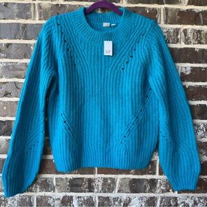 NWT Gap Womens Brushed Wool-Blend Pointelle Crewneck Sweater Blue Size M